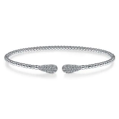 14K White Gold Bead Cuff Bracelet with Diamond Pave Teardrops