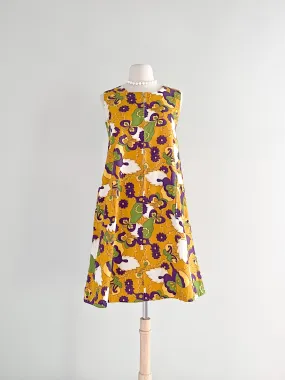 1960's Golden Butterfly Hawaiian Trapeze Dress / Sz M