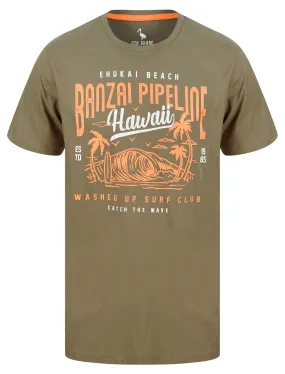 Banzai Pipeline Motif Cotton Jersey T-Shirt in Deep Lichen Green - South Shore