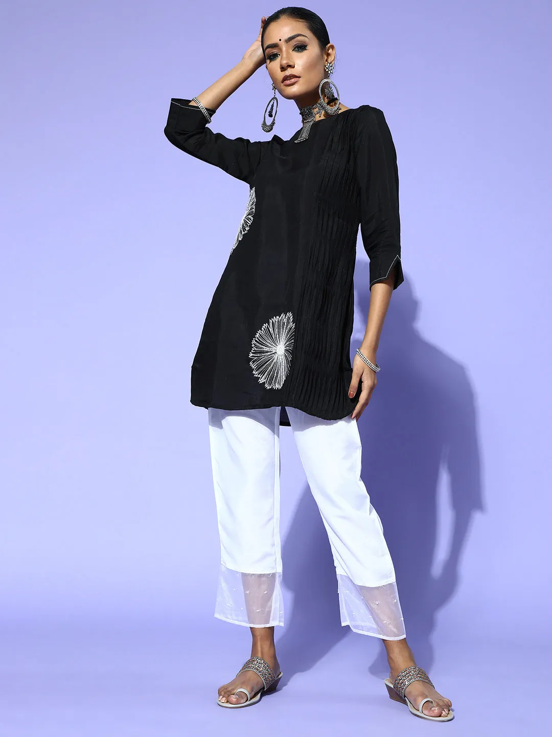 Black Flower Work Kurta With Cream Pants