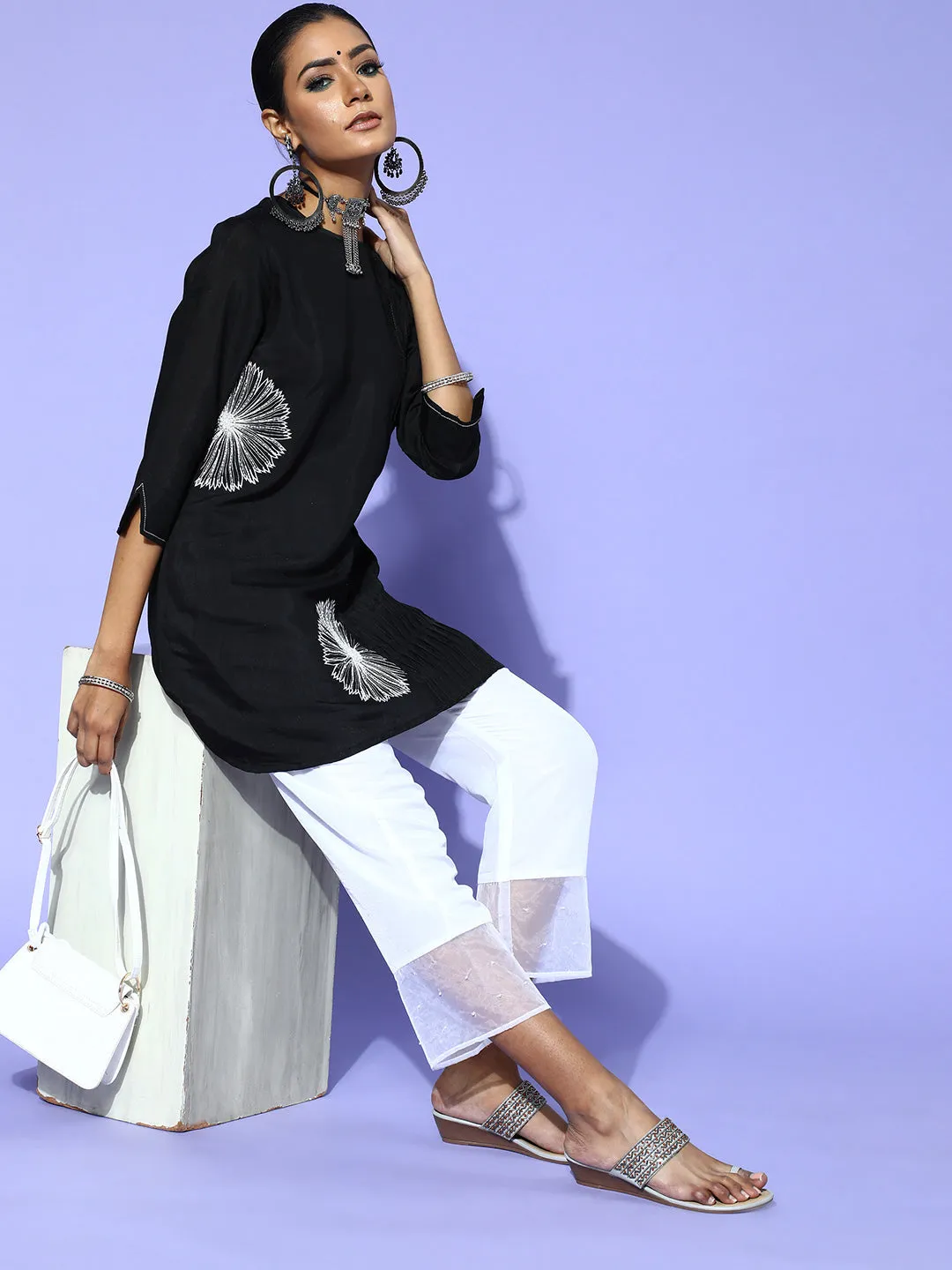 Black Flower Work Kurta With Cream Pants