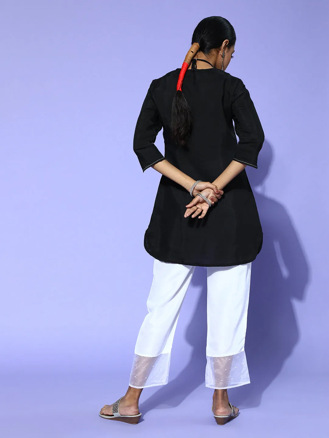 Black Flower Work Kurta With Cream Pants