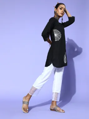 Black Flower Work Kurta With Cream Pants