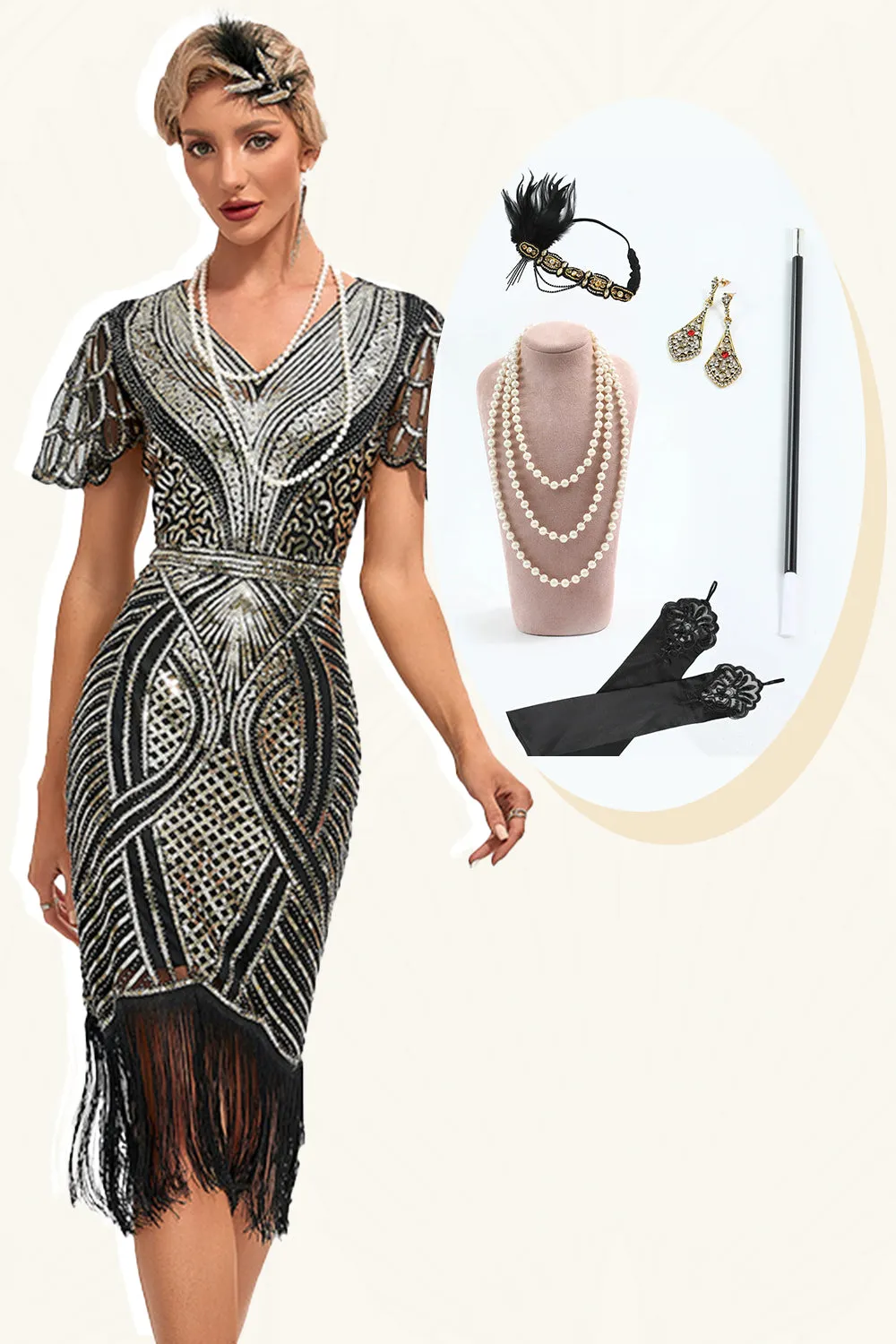 Black Golden Glitter Fringes 1920s Dress with Accessories Set