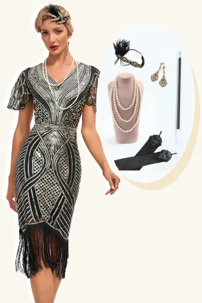 Black Golden Glitter Fringes 1920s Dress with Accessories Set