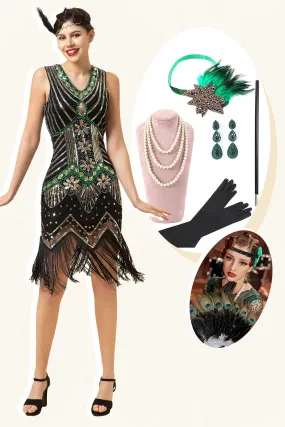 Black Green Sequins Fringes 1920s Gatsby Dress with 20s Accessories Set