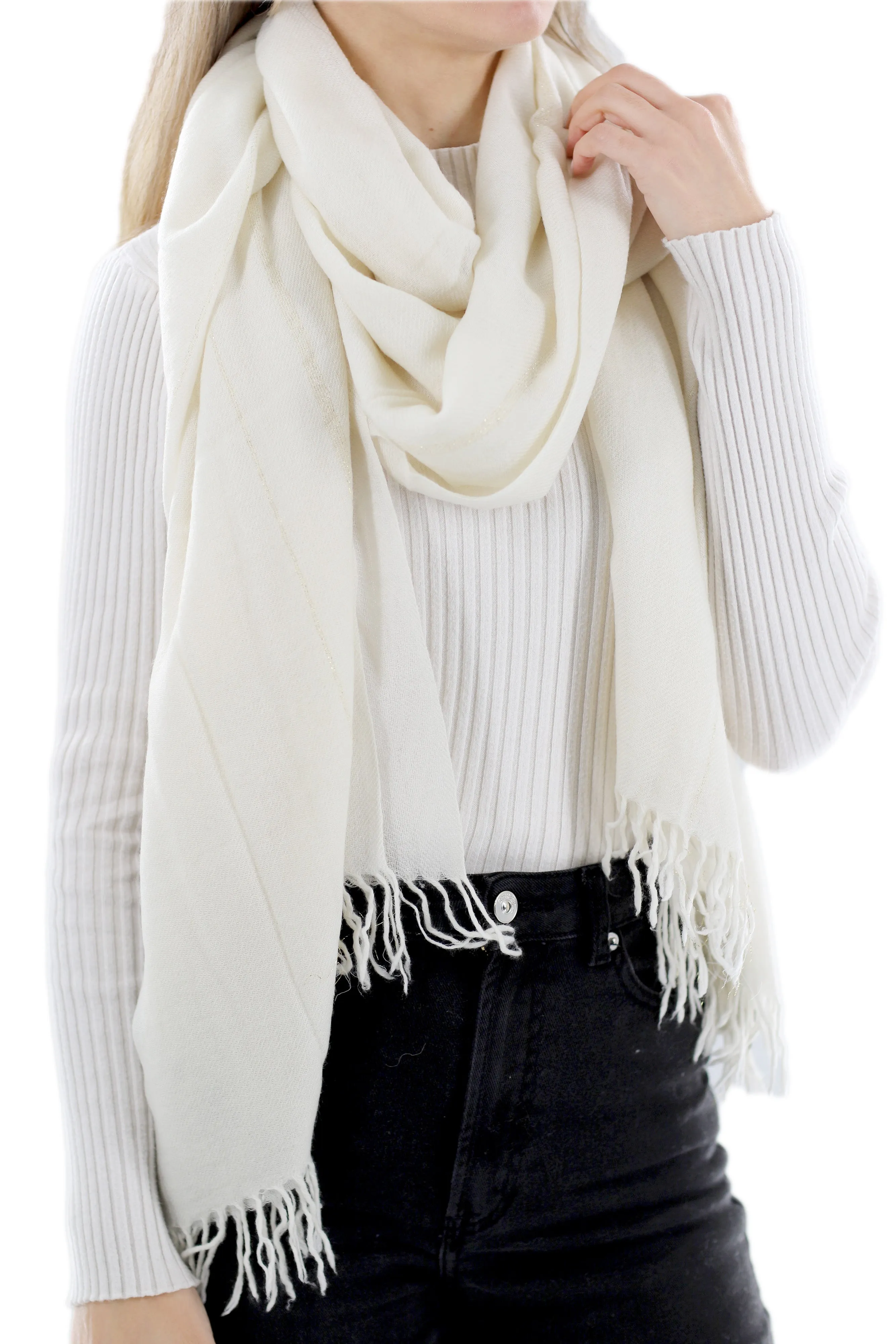 Cashmere Blend Scarf with Fringes - Ivory 26x80 in