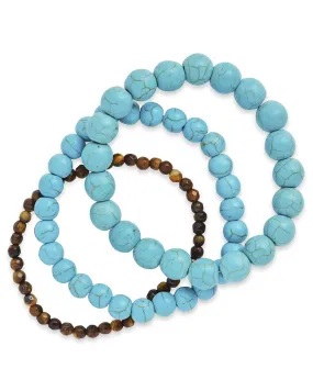 Dark Turquoise & Tiger's Eye Stretch Bracelet Set of 3