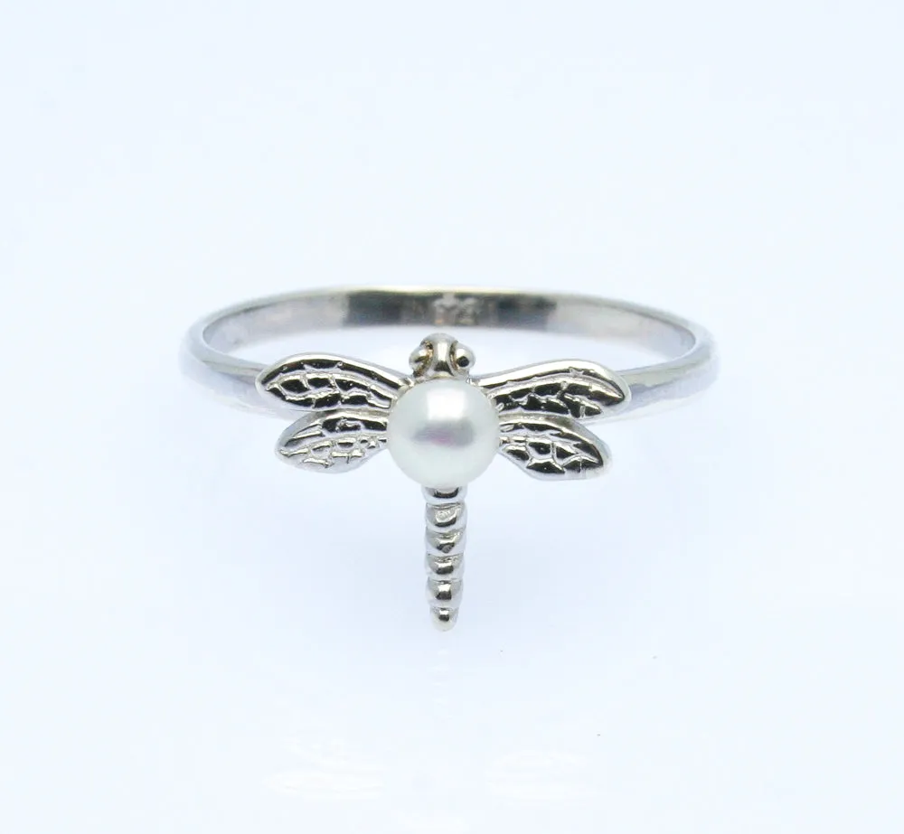 Dragonfly & Pearl Sterling Silver Ring