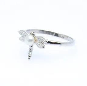 Dragonfly & Pearl Sterling Silver Ring