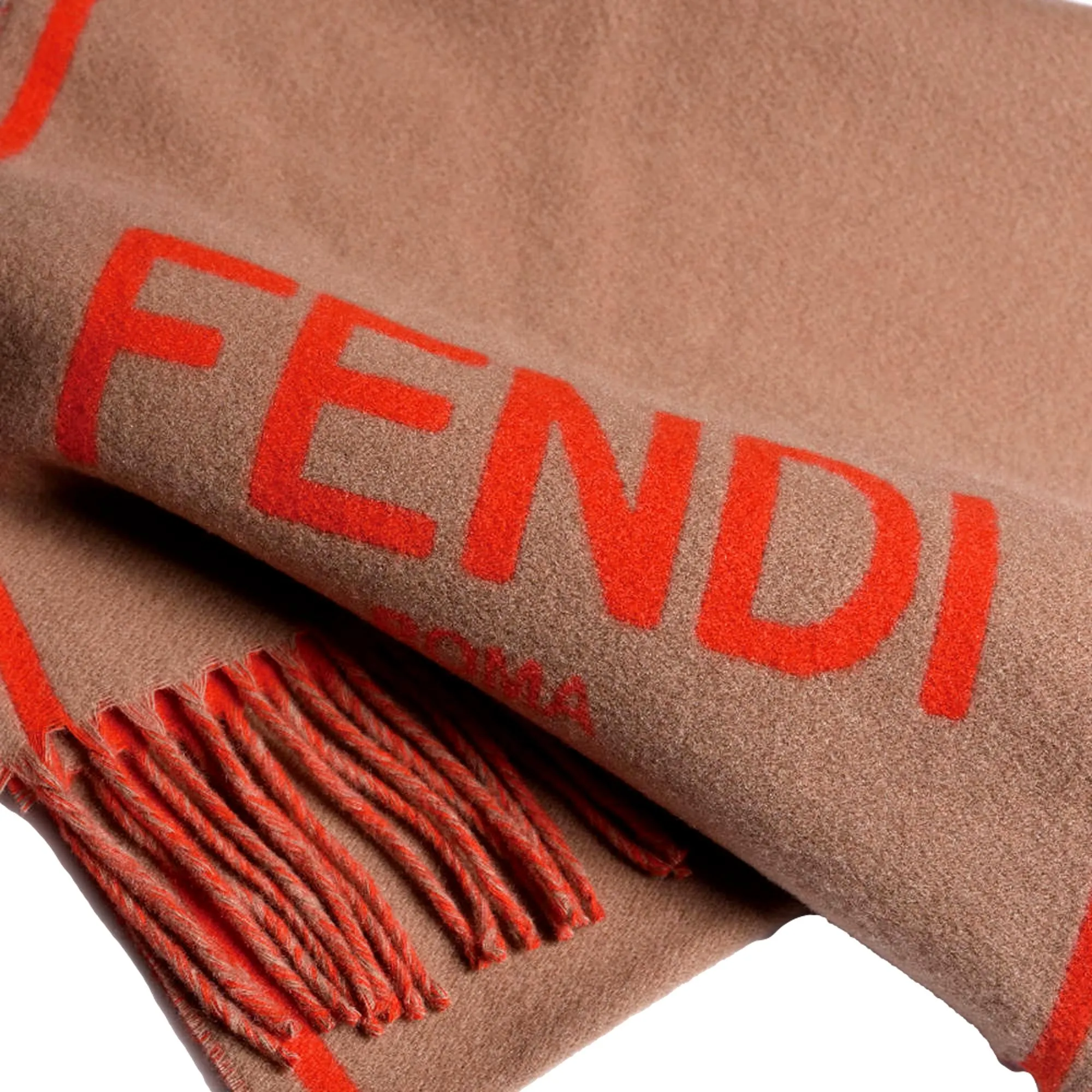 Fendi Roma Cashmere Scarf Beige Orange Logo