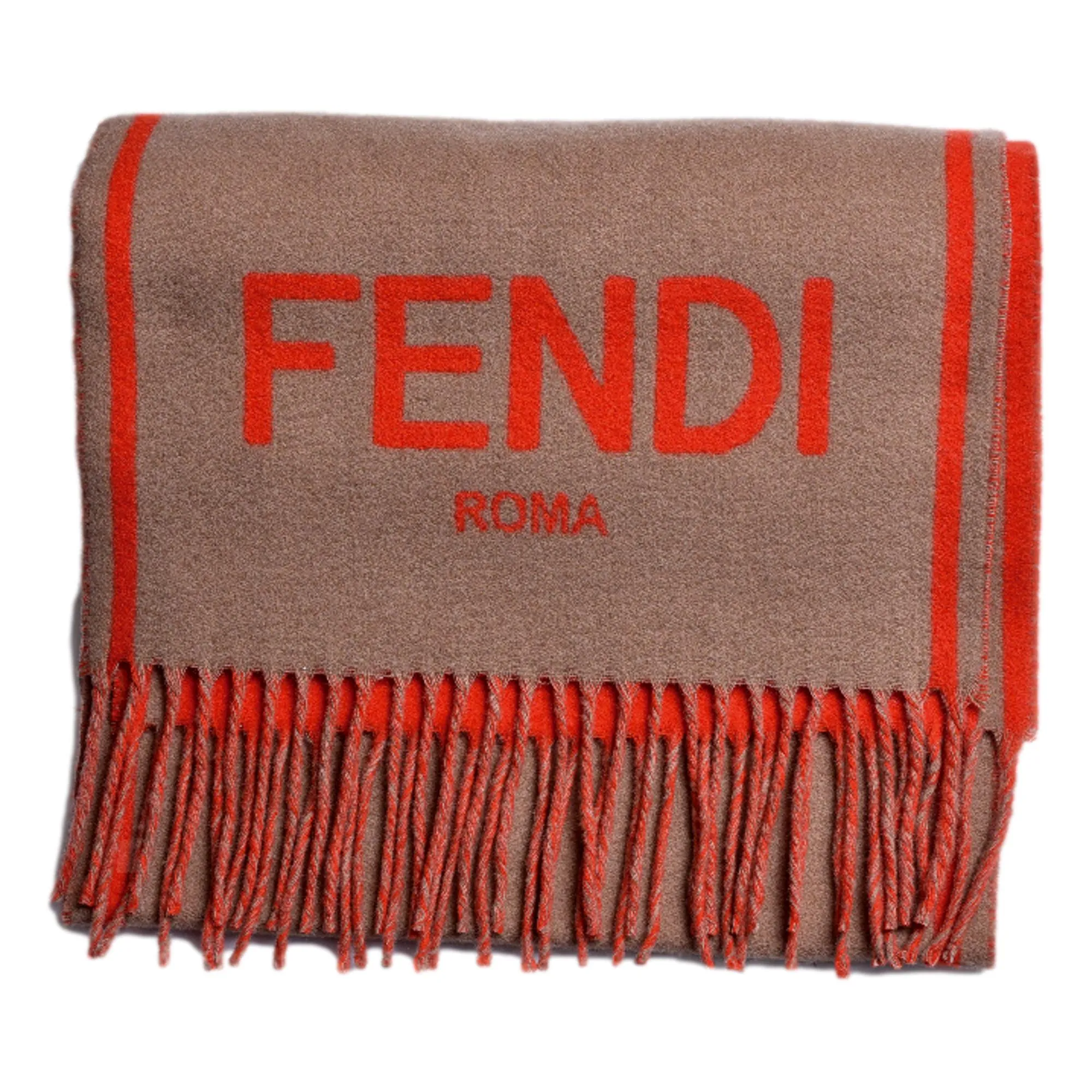 Fendi Roma Cashmere Scarf Beige Orange Logo