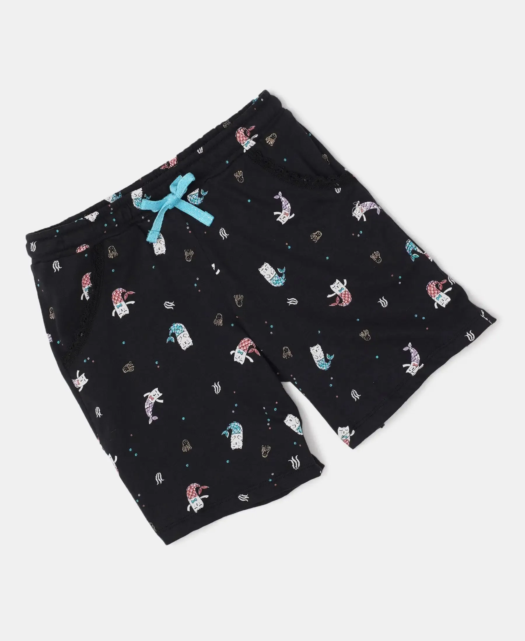 Girl's Super Combed Cotton Printed Shorts - Black Printed