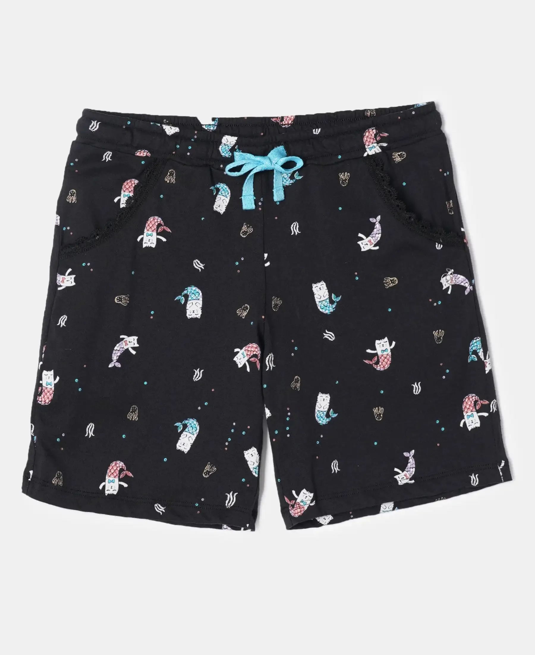 Girl's Super Combed Cotton Printed Shorts - Black Printed