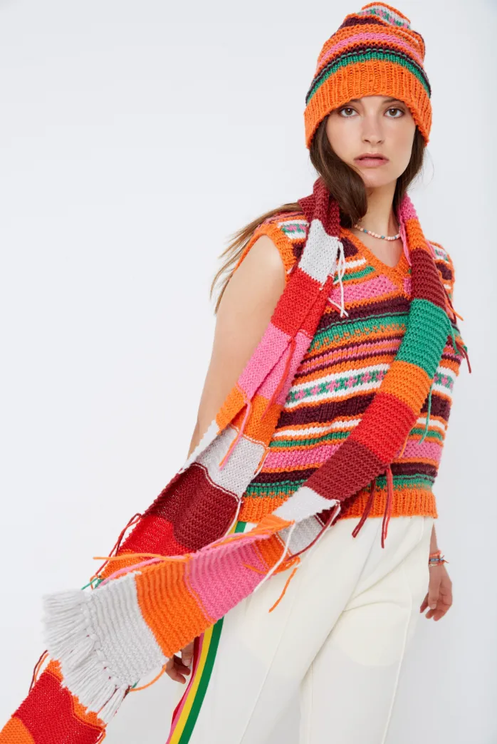 HAND KNITTED COTTON SCARF WITH BLOCK STRIPES