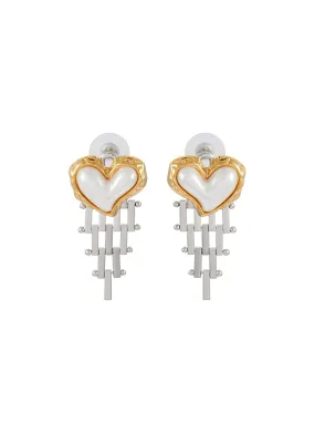 HEART WITH SILVER TONED METAL FRINGE DROP EARRINGS