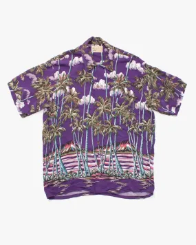 Japanese Repro Shirt, Aloha Short Sleeve, Sun Surf X Sugar Cane Brand, Purple Sunset with Palm Trees - L