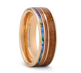 MOANA Smoked Rose Gold Tungsten Ring Hawaiian Koa Wood Abalone & Guitar String