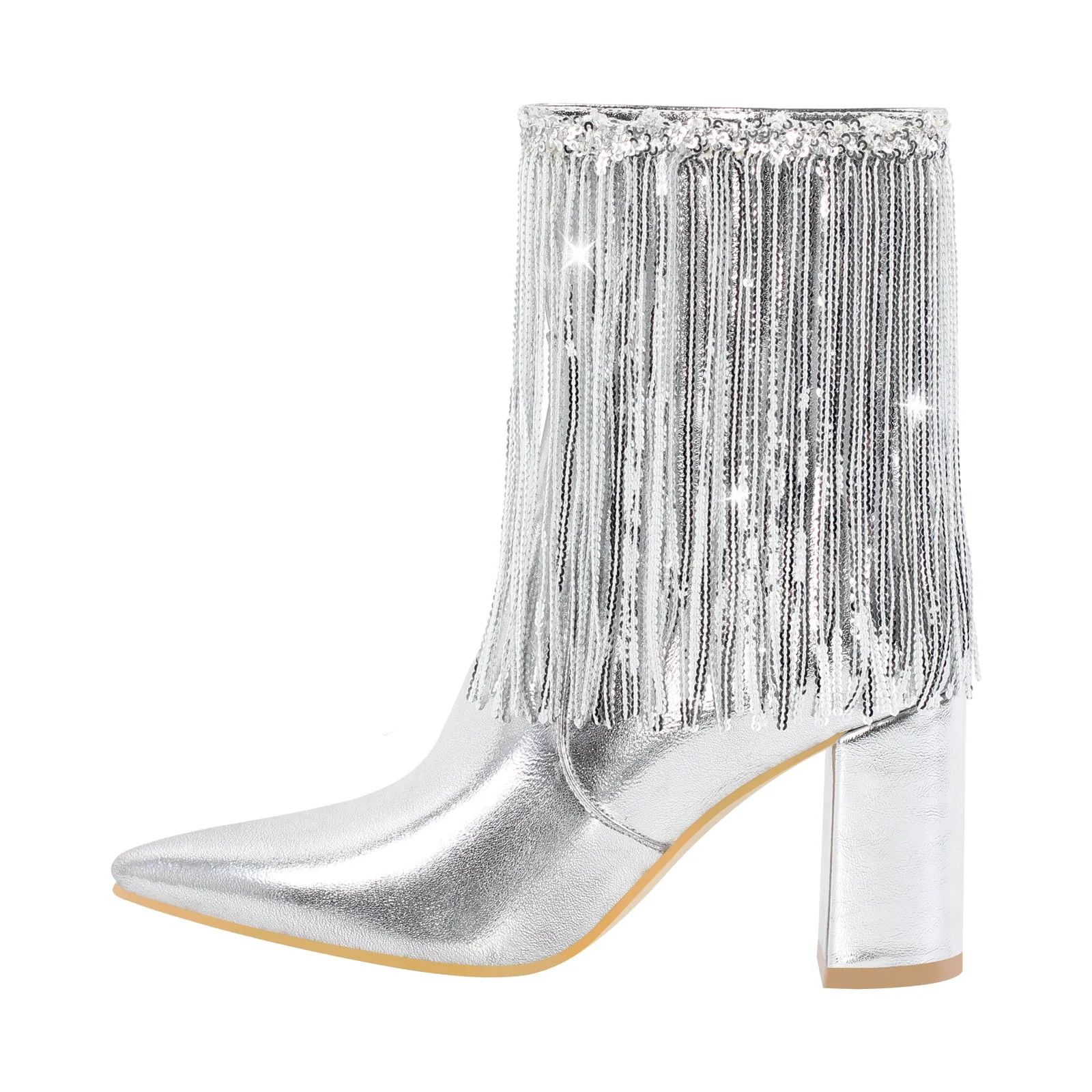 Sequins Pointed Toe Chunky Heel Ankle Boots