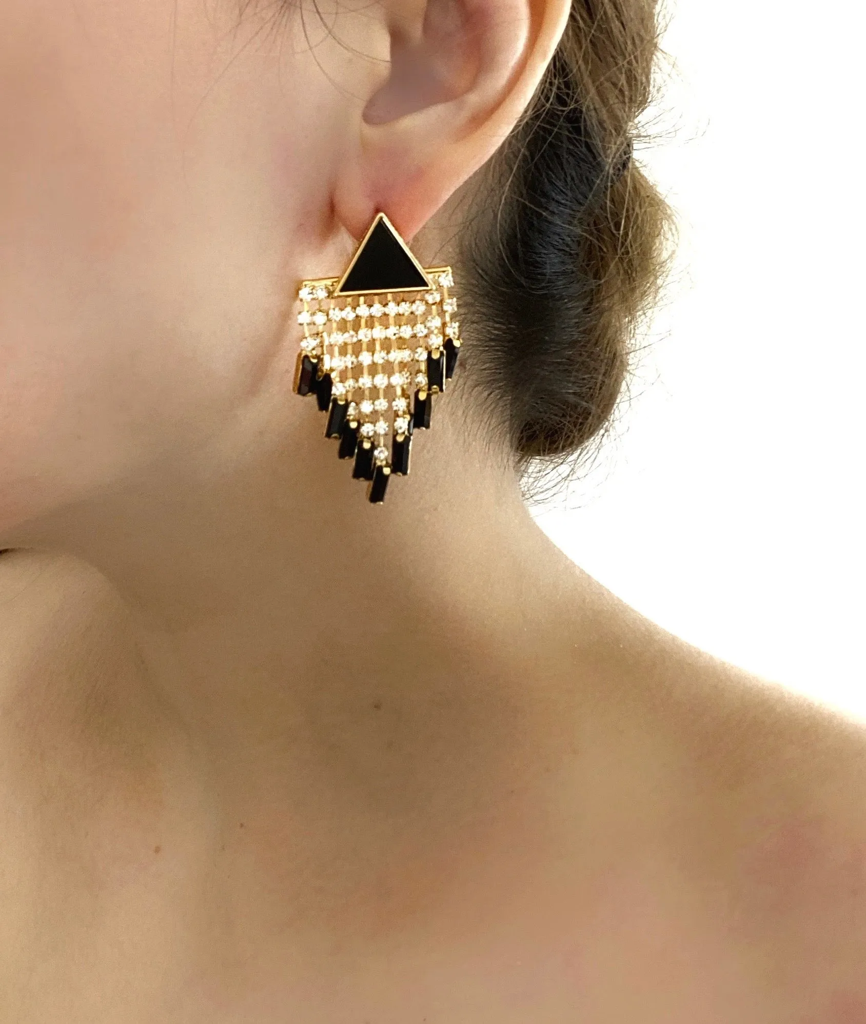 TRIANGULAR STUD DETACHABLE CRYSTAL FRINGE DROP EARRINGS