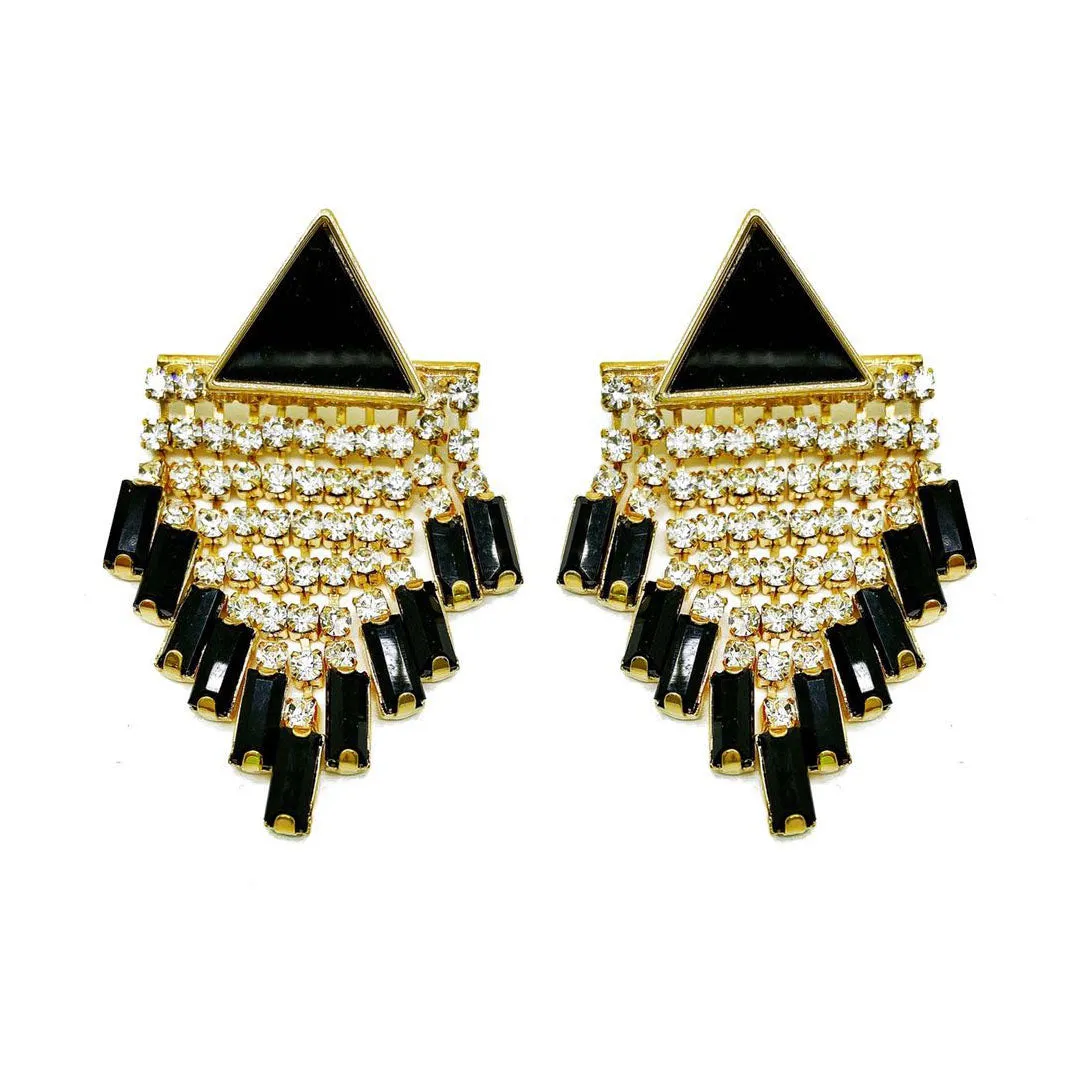 TRIANGULAR STUD DETACHABLE CRYSTAL FRINGE DROP EARRINGS