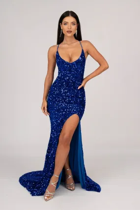 Zelda Side Slit Velvet Sequin Gown - Royal Blue